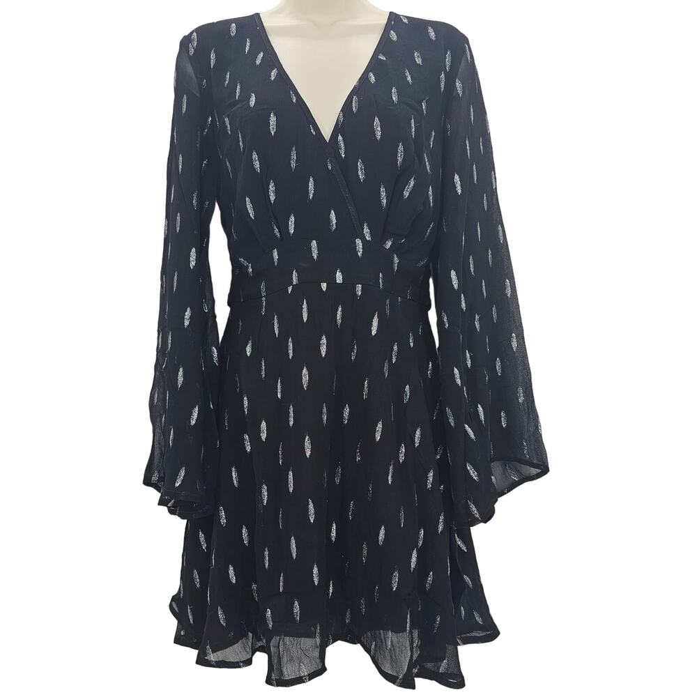 Band Of The Free Womans size S Evette Black Shimmer Mini Dress Bell Sleeves NEW